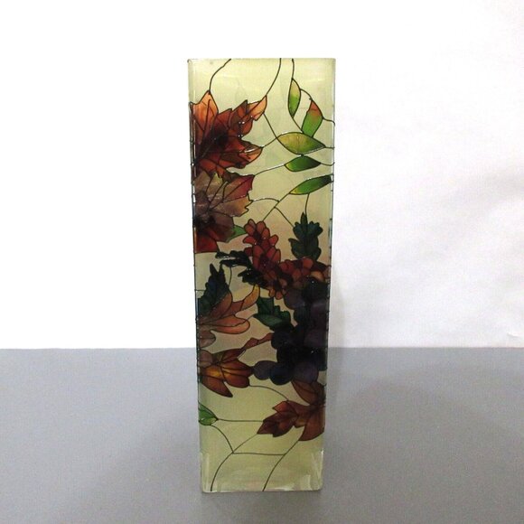 Joan Baker Hand Painted Stained Glass Vase Fruits Autumn Leaves Apx 10” x 3” x3" - Picture 6 of 10